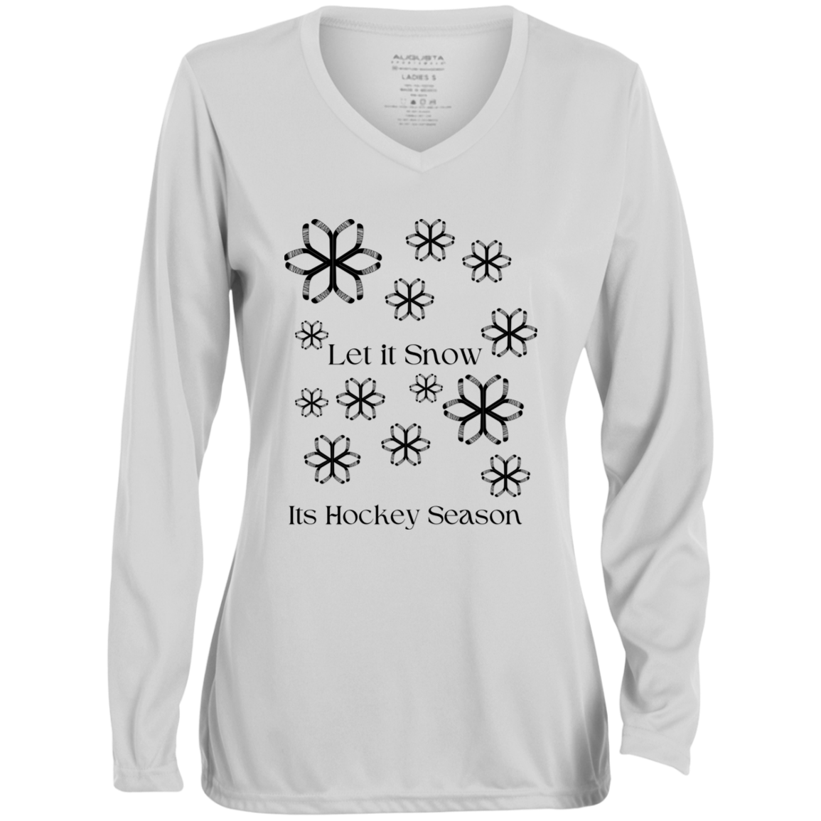 Let it snow- Hockey Stick snowflakes- Ladies' Moisture-Wicking Long Sleeve V-Neck Tee